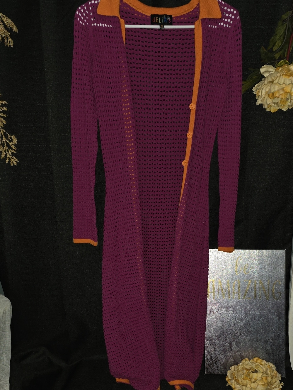 dELiA*s SZ S Plum Open-Knit Eyelet with Orange Trim Long Cardigan Half Button
